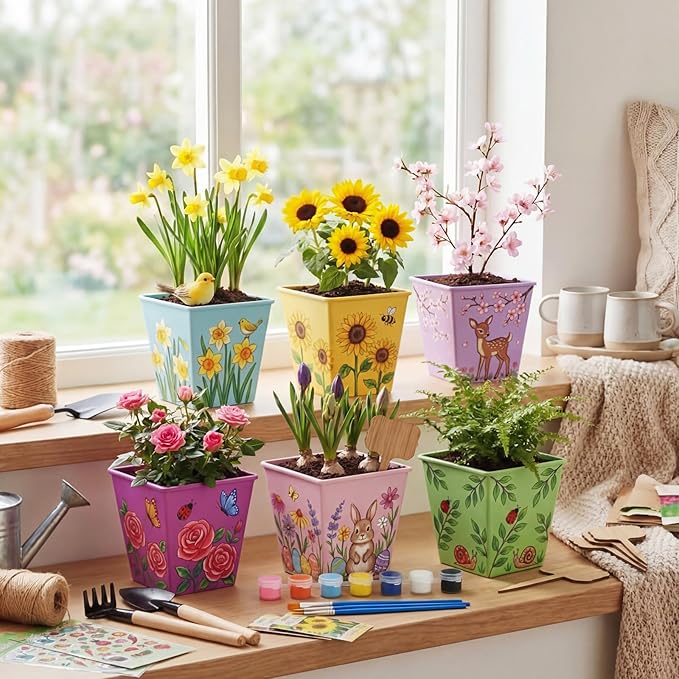 6 Sets Flower Pot Painting Kit DIY 6 Colorful Spring Metal Iron Plant Pots with Acrylic Paint Stickers Brushes Plant Labels Gardening Tool Kit for Planting Crafts Spring Birthday Gift