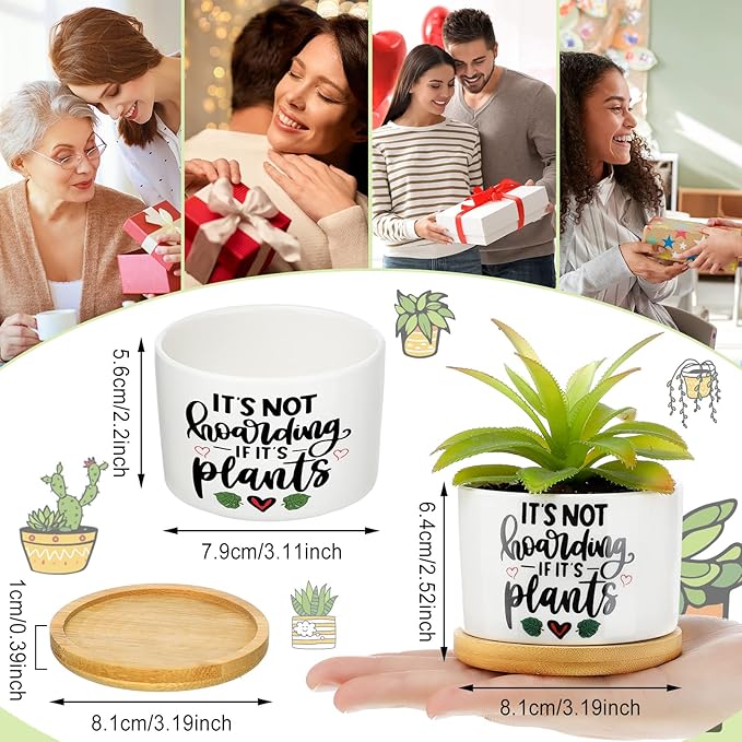 6 Pcs Funny Succulent Plant Pot Cute Christmas Teacher Gifts Box Set Plant Pot with Bamboo Tray Ceramic Funny Planter Succulent Accessories for Women Teacher Christmas Birthday Gifts (Cute Style)