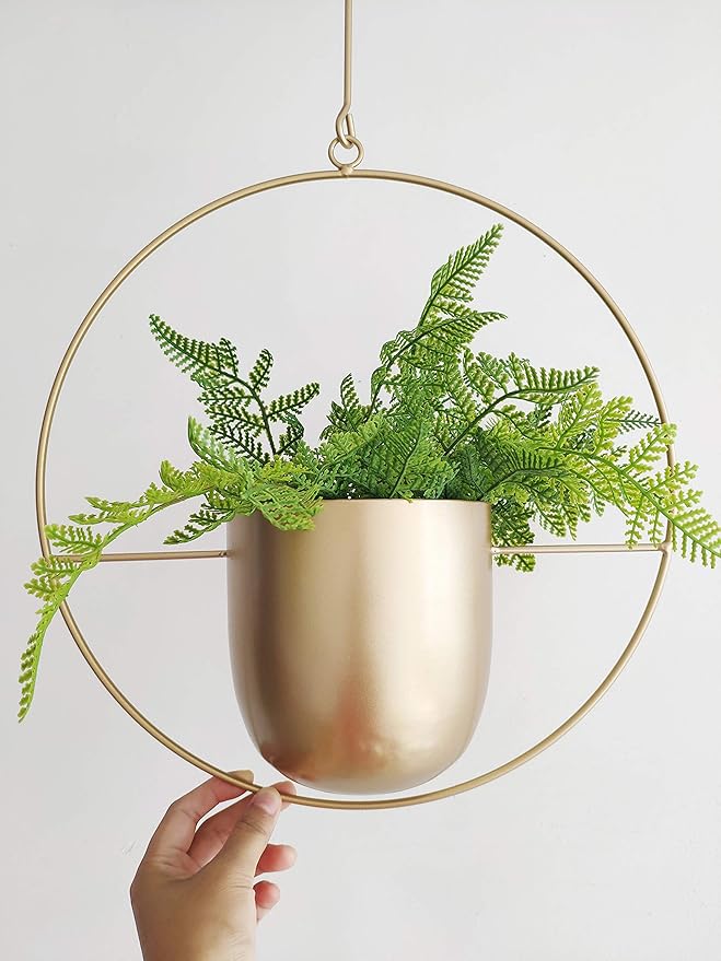RISEON Boho Gold Metal Plant Hanger,Metal Wall and Ceiling Hanging Planter, Modern Planter, Mid Century Flower Pot Plant Holder, Minimalist Planter for Indoor Outdoor Home Decor
