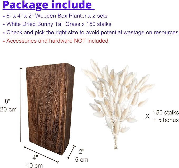LaLaGreen Wood Wall Planters (8 Inch, 2 Pack) 150 Stalks Rabbit Tail Grass White Dried Flower Wooden Box Vase for Indoor Hanging Planter Modern Rustic Decor Home Living Room Bathroom Trendy Decoration