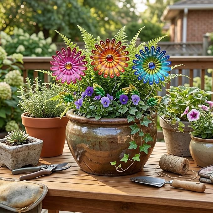 Metal Flower Garden Stakes 3 Pcs, Weatherproof Rust Resistant Yard Art for Outdoor Patio Lawn Pathway Decorations