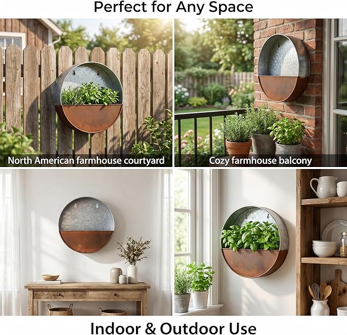 Topadorn Metal Flower Pot Hanging Planter Flower Pot Galvanized Metal Container Wall Pocket Garden Bucket for Indoor or Outdoor Balcony Patio, Round 8"