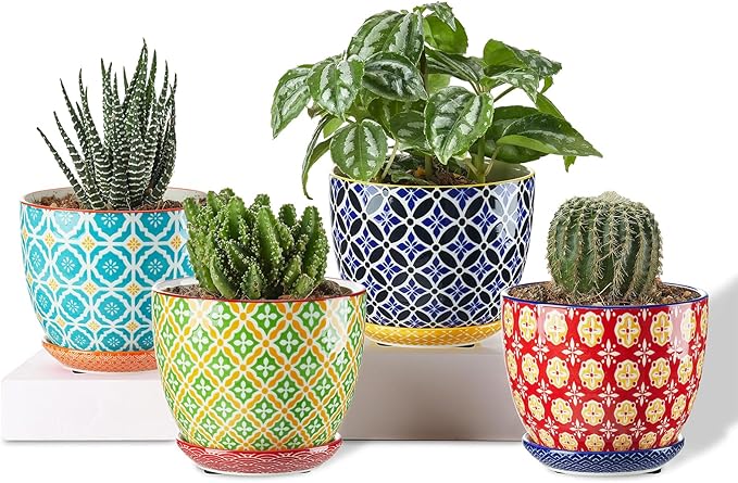 Metahom Succulent Ceramic Pots, 3.8 Inch Small Plant Pots with Drainage Hole & Saucer, Flower Planter Pot for Houseplants, Cacti, Home Decor, Set of 4, Vibrant Colors