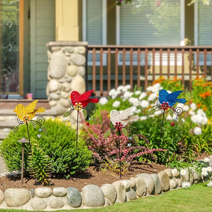4 Pack Decorative Garden Stakes - 14.2" Metal Flowers for Outside & Metal Yard Art Outdoor and Garden, Rust-Resistant Shaking-Head Bird Lawn Ornaments for Patio - Gift for Gardeners