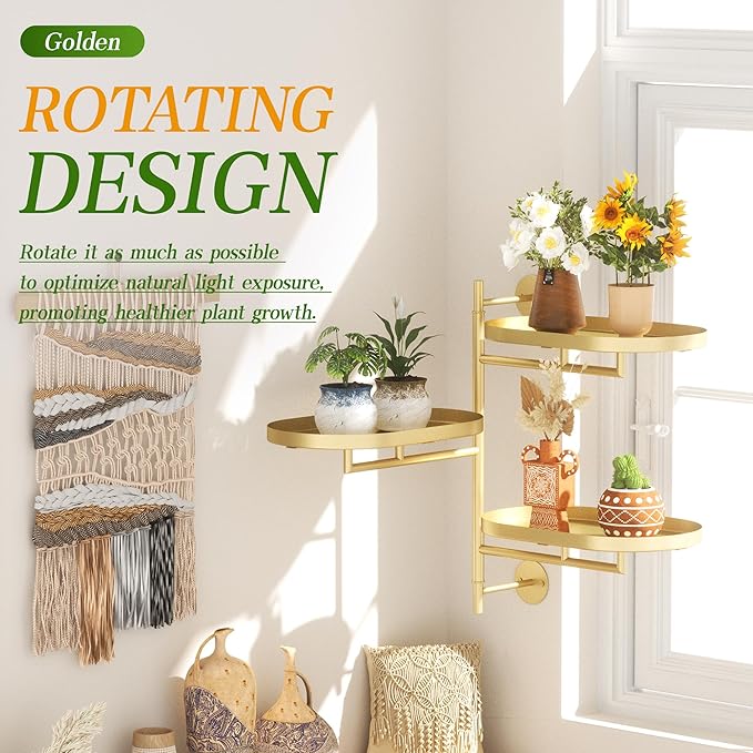 YQSLYSF Window Rotating Plant Stand Shelf Indoor Gold Metal Floating Shelves 3-Tier Wall Mount Plant hanger Holders for Wall Planter Modern Home Decor window sill gifts