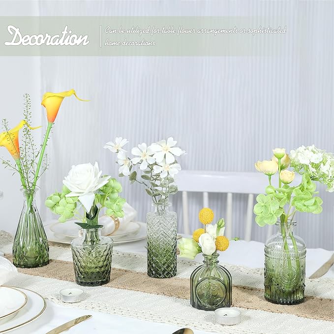 TBWIND Glass Bud Vase Set of 5, Small Green Flower Vases for Centerpieces in Bulk, Mini Vintage Vase for Wedding Decor, Single Flowers, and Home Table Décor