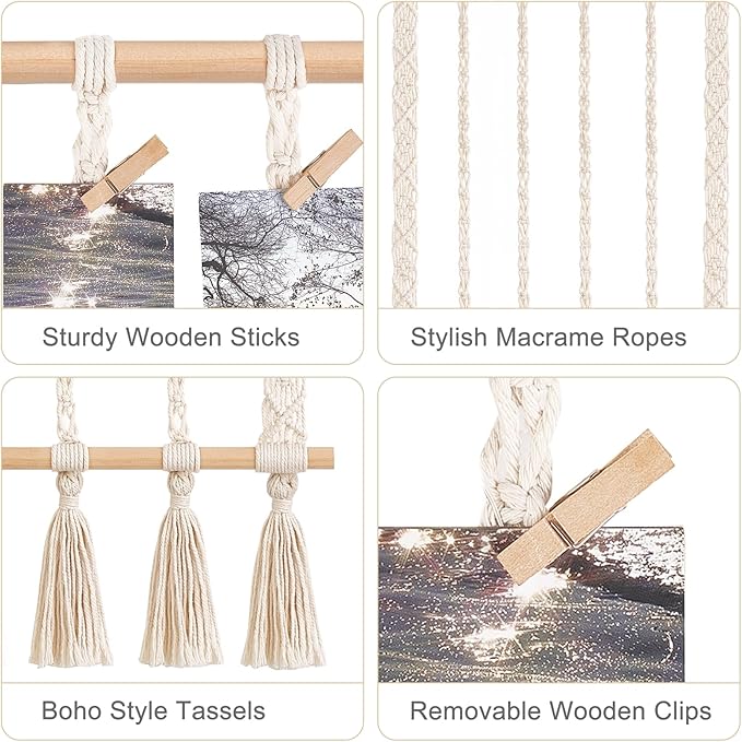 Dahey Macrame Hanging Photo Display Dorm Wall Decor Boho Picture Frames Collage for Picture String with Clips Photo Hanger with Lights Artwork for Teen Girl College Living Room Bedroom Christmas Gift