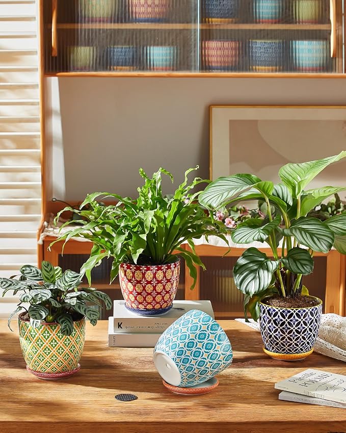 Metahom Ceramic Plant Pots, 5.8 Inch Flower Pots for Indoor Plants, Colorful Planters with Drainage Hole & Saucer, Garden Planters for Succulent, Orchid, Cactus, Home Decor, Set of 4