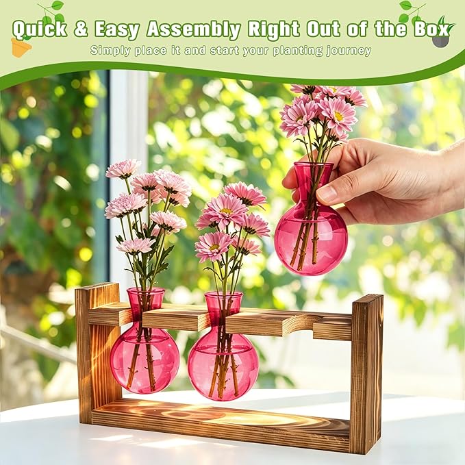 XXXFLOWER 3 Bulb Glass Propagation Station with Wooden Stand, Propagation Vase Propagated Plant Holders Tabletop Planter, Gardening Hydroponics Gifts Home Office Indoor Decor (Pink)