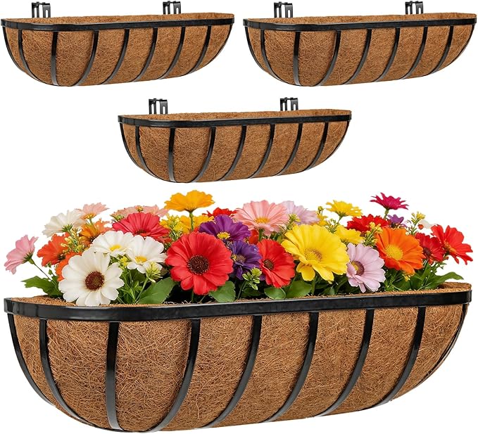 24 Inch Railing Planter Boxes with Adjustable Brackets for Hanging Outdoor Plants, Window Box Planter with Coco Liner for Balcony Deck Porch & Patio Garden Decor, 4 Pack & Black