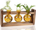 Kingbuy Glass Plant Terrarium Propagation Station - 3 Bulb Colored Vases with Retro Wood Stand Indoor Garden Planter - Wall Mount Desktop Decor for Home Kitchen Wedding, Plant Lover Gift, Amber