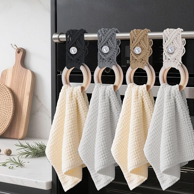BROWNLILY 4 Pcs Handmade Crochet Towel Holder with Unique Pearl Button for Bathroom, Hanging Towel Rack for Kitchen, Macrame Towel Hanger Over The Cabinet Oven Stove Door - Double Rings