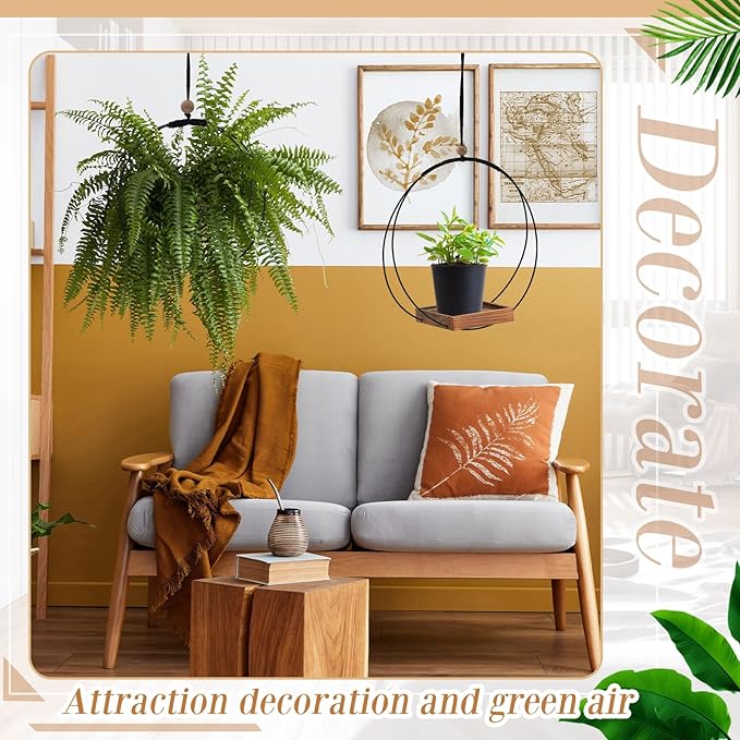 Geelin 4 Pack Plant Hanger with Wood Base Hanging Window Planter Boho Macrame Hanging Potted Plant Holders for Indoor Outdoor Window Wall Ceiling Home Decoration, Pot & Sapling Not Included (Brown)