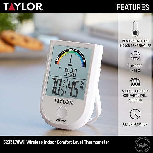 Taylor Digital Wireless Indoor Comfort Level Thermometer and Hygrometer, Easy-to-Read Display for Home, Office, Greenhouse, Nursery, and Indoor Areas, White