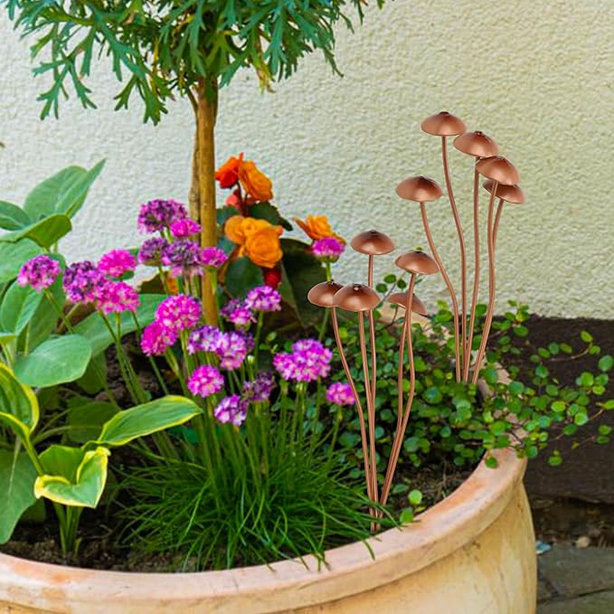 Mushroom Garden Plant Stakes – 2pcs Metal Statue Decor, Rust-Proof Iron Ground Ornament, Decorative Art Accessories for Outdoor Patio Lawn Yard, Flower Pot, Potted Plants, Indoor Gardeners Gift Lovers