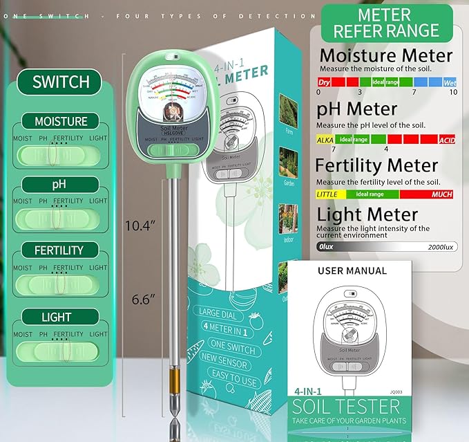 HSLGOVE 4-in-1 Soil Test Kit – Soil Moisture Meter, pH, Fertility & Sun-Light, No Battery Required, Large Dial Soil Tester for Indoor & Outdoor Gardening, Lawn, Farm –Mint Green