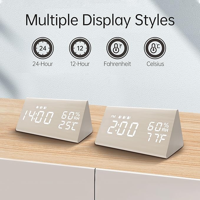 JALL Digital Alarm Clock, with Wooden Electronic LED Time Display, 3 Alarm Settings, Humidity & Temperature Detect, Wood Made Electric Clocks for Bedroom, Bedside (White)