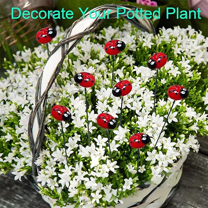 Garden Stakes Decor,10Pcs Garden Stakes Decorative Outdoor Lawn Pathway Patio Plant Pot Art Stick Yard Art Decorations for Pot Lawn Patio Corridor Flower Bed Outdoor Plant (Ladybug)