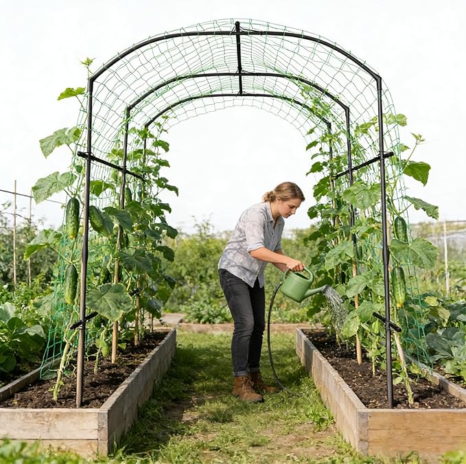 SUNYRISY Garden Arch Trellis, Metal Core Trellis for Climbing Plants Outdoor, 87" x 71" x 75" Tall Archway Tunnel Plant Support for Vine Cucumber Tomato Grape Vegetables Climbing Plants