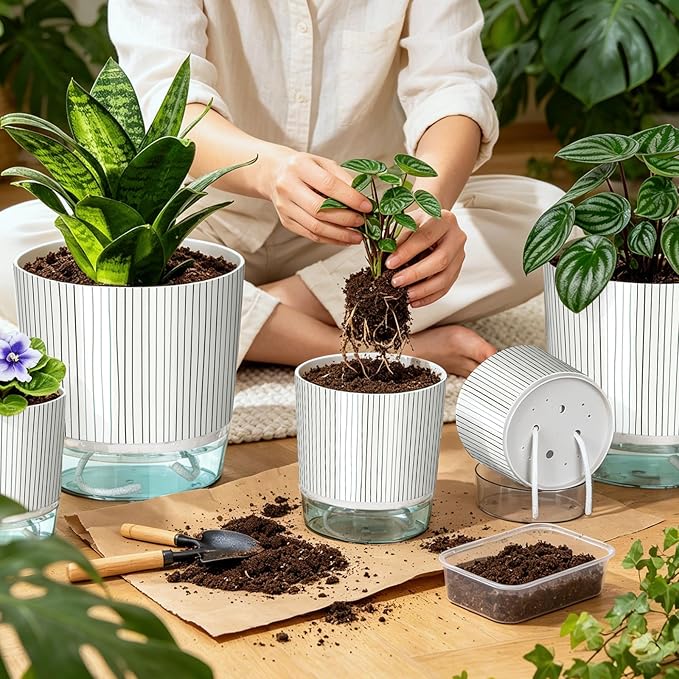 6 Pack Self Watering Pots for Indoor Plants, 4+5.5+6.3 Inch Self Watering Plant Pots Set, Flower Pots with Wick Rope and Reservoir for African Violet, Spider Plant, Orchid