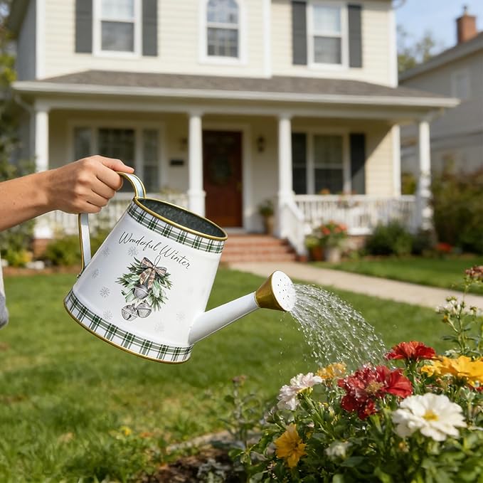 Vintage Metal Christmas Watering Can Decor - Wonderful Winter Days Design with Bell Wreath, Rustic Farmhouse Watering Pot Garden Decorative Planter for Holiday Home Mantel Tabletop Xmas Decor