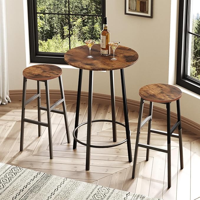 MAHANCRIS Bar Stools, Set of 2 Round Bar Chairs with Footrest, 28 Inch Kitchen Breakfast Bar Chairs, Industrial Bar Stools, Easy Assembly, for Dining Room, Kitchen, Rustic Brown BAHR02701 (Pack of 3)