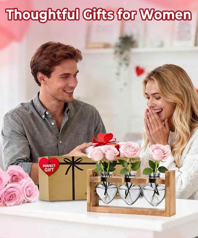 Nacome Plant Terrarium Propagation Stations: Mothers Day Gifts for Mom Plant Lovers Women Wife Daughter - 3 Bulb Glass Vase with Wooden Stand Tabletop for Hydroponics Home Garden Decor(Gray)