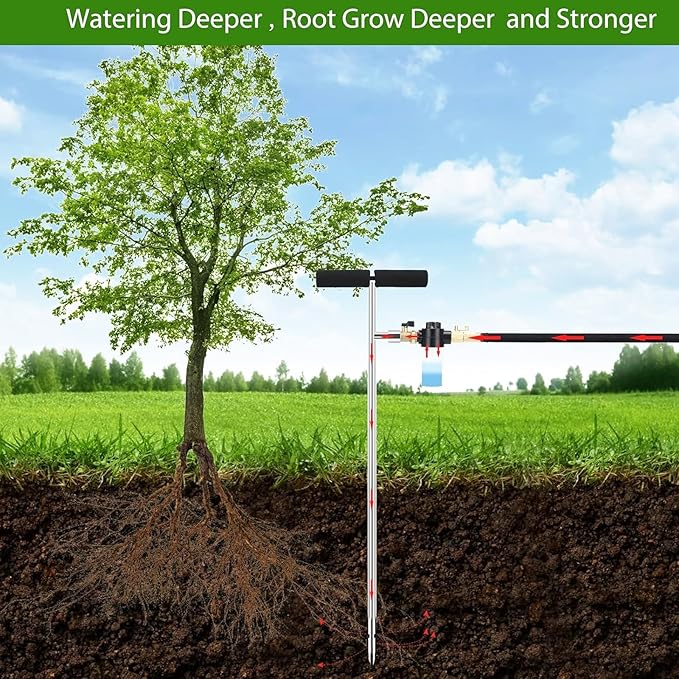 Caulimo Deep Root Watering Tool for Trees, Tree Watering Spike with Fertilizer Bottle, Stainless Steel Root Feeder for Garden, Orchard & Shrubs, Tree Irrigation System with Brass Valve|T-Handle