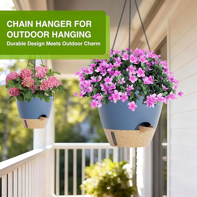 LEWESU Set of 2 Hanging Planters for Indoor Plants with Self Watering Includes Hanging Pots and 2 Types Plant Hangers, Outdoor Hanging Baskets Holder for Home Garden, 10 Inch Aegean Blue