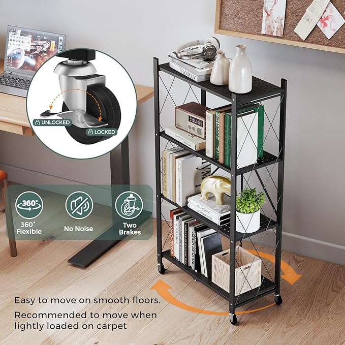 DEANIC 4 Tier Foldable Storage Shelves with Wheels, Large Capacity Shelving Unit, Freestanding Metal Wire Shelf Rack, No Assembly Organizer Rack for Garage Kitchen, Basement, Pantry(Black Pack of 2)