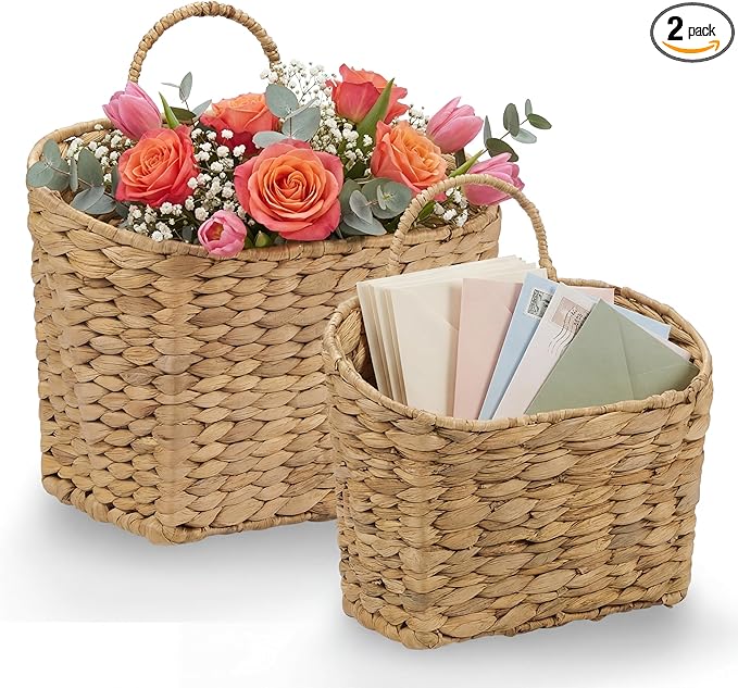 Set of 2 Wicker Hanging Basket for Organizing, Front Door, Mail, Flowers - Woven Wall Baskets for Storage (Hyacinth Natural – Solid Weave)