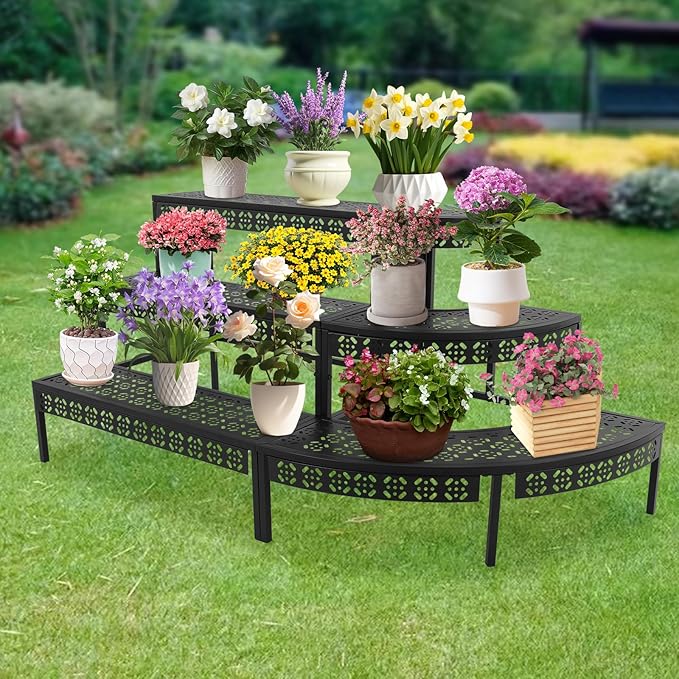 3 Tier Plant Stand for Indoor Outdoor, Large Capacity Iron Plant Shelf Stand for Multiple Potted Plants with Stepped Design,35.43/43.31/51.18in,Vintage Black Fan Shape Garden Stands