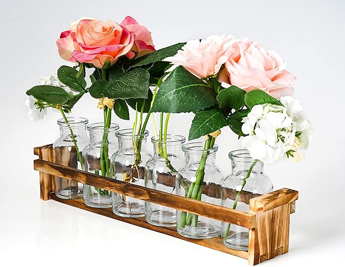 Beautiful Glass Flower Vase with Wooden Plant Stand & 6 Bud Vases, Decorative Glass Bottles for Home Décor, Dining Table Centerpiece, Wedding, Bridal Shower, Events - Vintage Medicine Bottles.