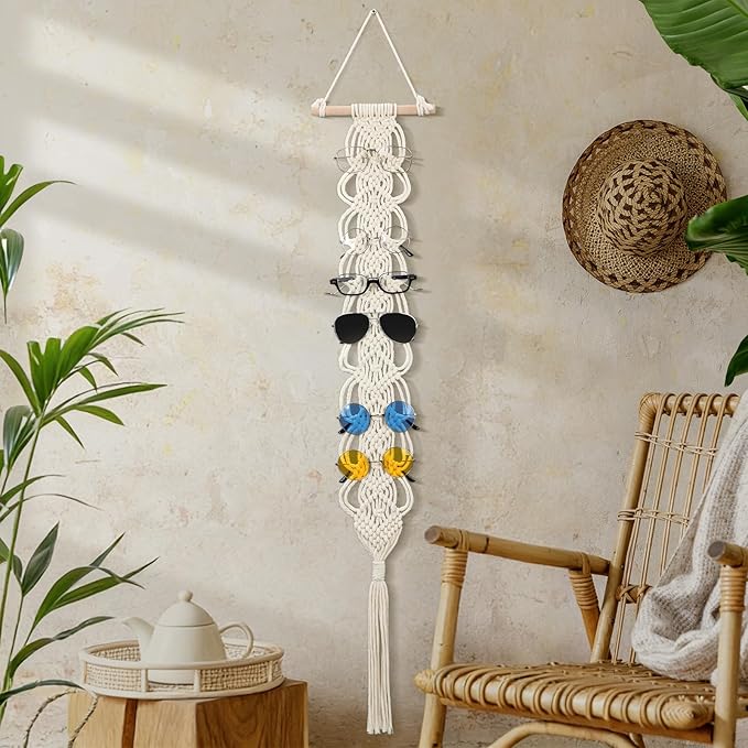 AceOrbit Macrame Sunglasses Holder Boho Wall-Mounted Hanging Sunglasses Organizer Vertical Woven Glasses Holder Display Storage Rack for Bohemian Bedroom Home Office Decor(Classic Style,Beige)