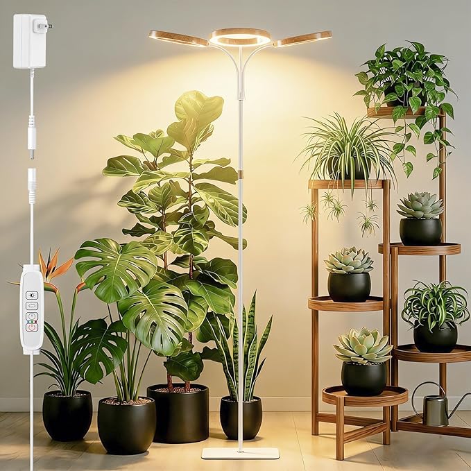 SDOVUERC Full Spectrum Grow Light with Stand for Indoor Plants, Floor Plant Light, 6/12/18H Timer, 3 Color Modes, Adjustable Height 16.5–68in, for Large Plants & Home Décor(Tri-Head,Faux Wood Grain)