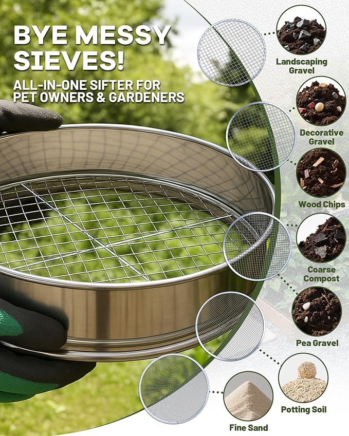 5-in-1 Soil Sifter Set with 5 Replaceable Stainless Steel Mesh Screen & Shovel (1/8" to 1/2"), Soil Sifter for Soils, Compost, Bonsai, Cat Litter and More（11-5/8" Diameter）