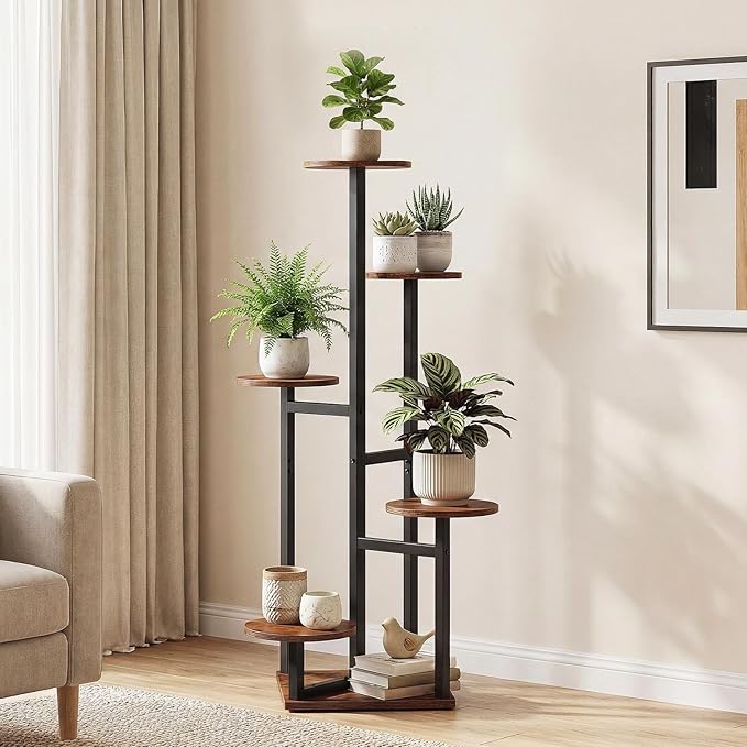 HOOBRO 5-Tier Corner Plant Stand Indoor, Round Vertical Plant Shelf for Small Spaces, Space Saving Flower Rack for Living Room, Balcony & Patio, Rustic Brown and Black BF05HJ01