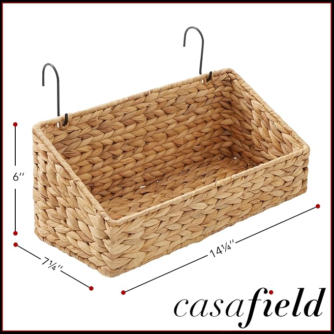 Casafield Set of 2 Hanging Baskets with Hooks - Natural, Hyacinth Woven Wall Mounted Storage Bins for Kitchen, Bathroom, Laundry Room, Home Office