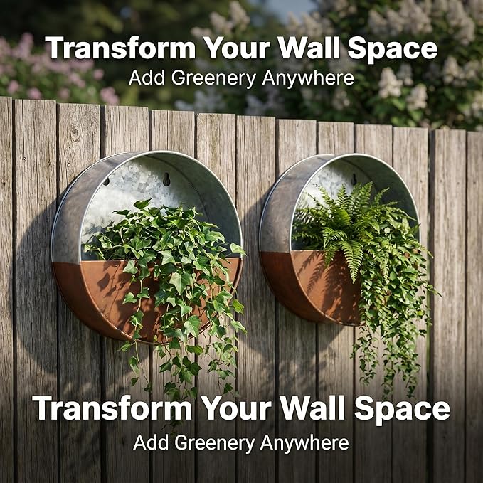 Topadorn Hanging Planter Flower Pot Galvanized Metal Container Wall Pocket Garden Bucket Metal Pot for Indoor or Outdoor Balcony Patio, Round 12" H