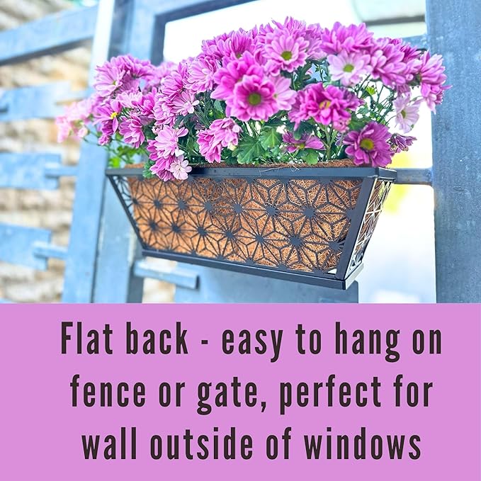 LaLaGreen Window Boxes Planter for Outdoor Plants (4 Pack, 16 Inch) Black Metal Rectangular Flower Pot Wall Planters with Coco Liner Horse Trough Deck Railings Modern Stylish Balcony Fence Porch Patio