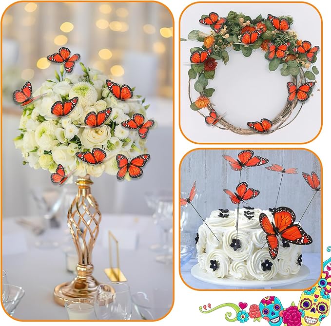 Augshy 75pcs 3D Monarch Butterfly Stakes Artificial Garden Monarch Butterfly Decorations for Day of The Dead Dia De Los Muertos Decor Halloween Party Supplies (3 Size)
