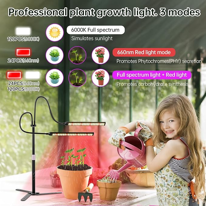 Super-Energy Tabletop LED Grow Lights 9.8"-32"Height Adjustable for Indoor Small/Medium Plants 6000K Full Spectrum with 3 Dimmable Model,Auto On Off Timing 3 9 12Hrs,5 Brightness(2Strip Black)
