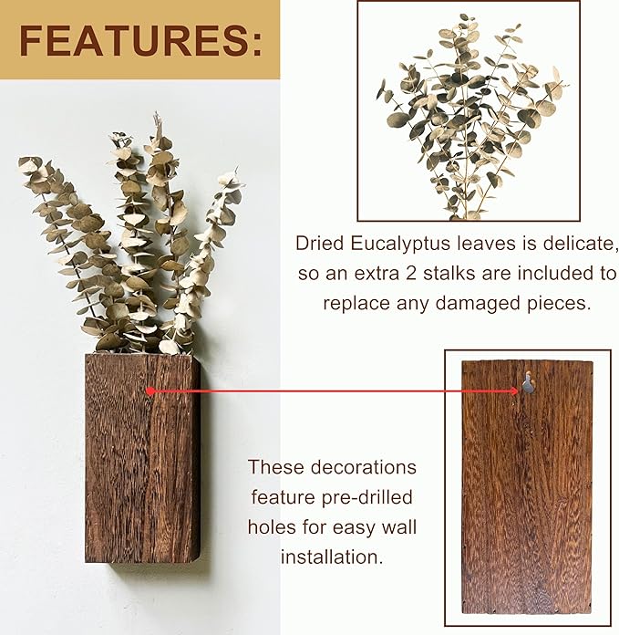 LaLaGreen Wood Wall Planters (8 Inch, 2 Pack) 12 Stalks of Eucalyptus Dried Leaves, Wooden Box Vase for Indoor Hanging Planter Flower Rustic Decor Home Living Room Bathroom Modern Farmhouse Decoration
