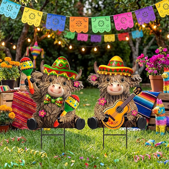Amyhill 2 Pcs Cinco De Mayo Highland Cow Garden Stakes, Mexican Fiesta Metal Outdoor Decor, Western Cowboy Welcome Yard Signs for Patio, Lawn, Walkway, Garden, Cinco De Mayo Party Decorations