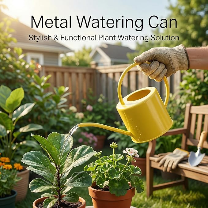 Metal Watering Can Modern Style Watering Pot with Handle and Long Spout Watering Can Garden Tools 57 Oz/1.7,Yellow