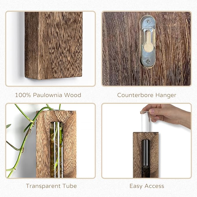 Wall Hanging Plant Propagation Station: Wood Farmhouse Wall Decor for Livingroom Kitchen - Hanging Glass Planter Tubes for Indoor Dried Flowers Eucalyptus Gifts for Women Plants Lovers