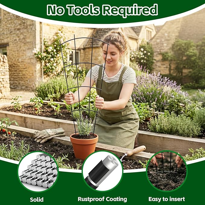 Thealyn 4 Pack 24" Metal Plant Trellis for Pots & Garden Beds, Rustproof Support for Indoor Outdoor Climbing Plants, Vines, Flowers, Fan Shaped, Black
