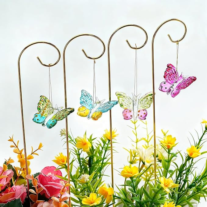 HDCRYSTALGIFTS 4 Pack Blown Glass Butterfly Decorative Garden Stakes,Colorful Butterflies with 13.5'' Tall Gold Plant Stakes for Outdoor Lawn Porch Pathway Patio Plant Pot Flower Bed