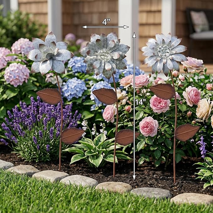 Metal Floral Garden Stake Outdoor Glow in Dark Silver Plant Pick Water Proof Metal Flower Stick Décor for Lawn Yard Patio,3 PCS