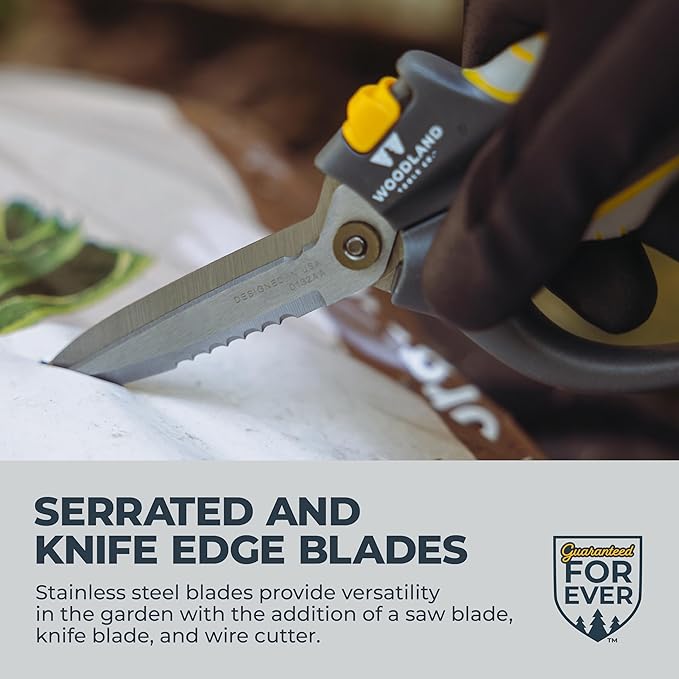 Woodland Tools Utility Snips – Super Duty Garden Snips with Serrated Trimming Scissors, Knife Edge, Wire and Twine Cutter, Stainless Steel Construction, Sheath Included – Plant Scissors for Yard Work